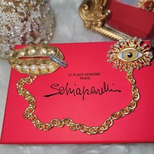 Schiaparelli Gold Chain Brooch with Eye and Lip Design